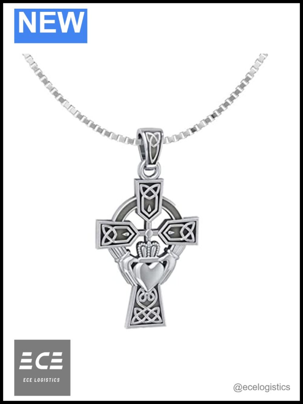 925 Sterling Silver Celtic Cross Claddagh Pendant Necklace 18" Irish
